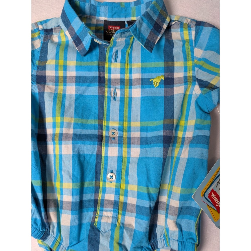 Wrangler Baby Boys Turquoise Blue Plaid Short Sleeve Bodysuit Romper 12M NWT